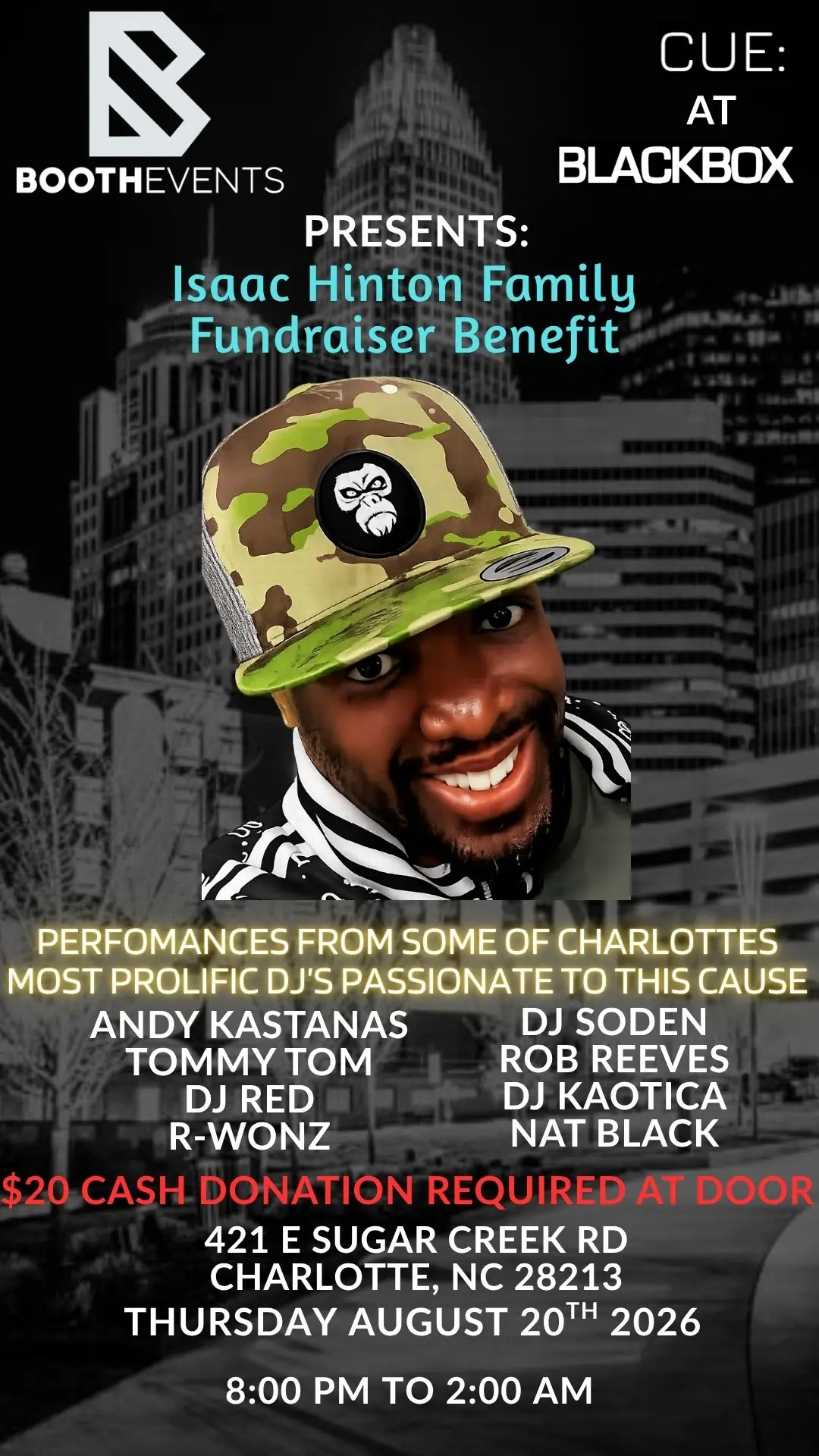 Isaac Hinton Family Fundraiser Benefit at Cue event image from Independent Charlotte music venues.