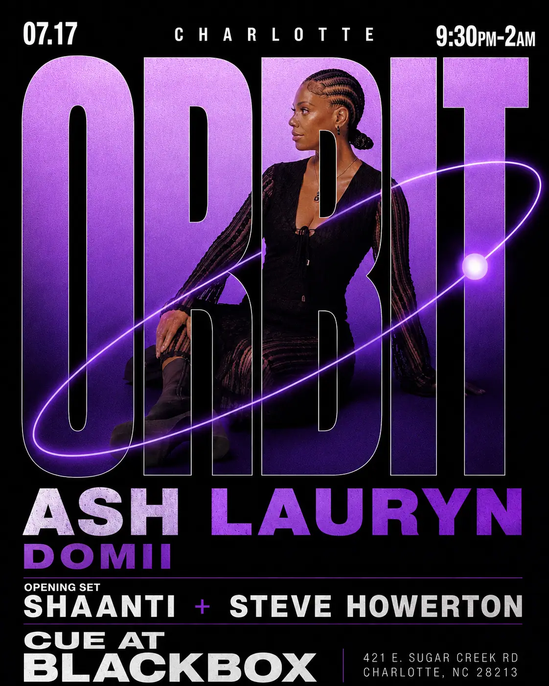 Orbit with Ash Lauryn at Cue event image from Independent Charlotte music venues.