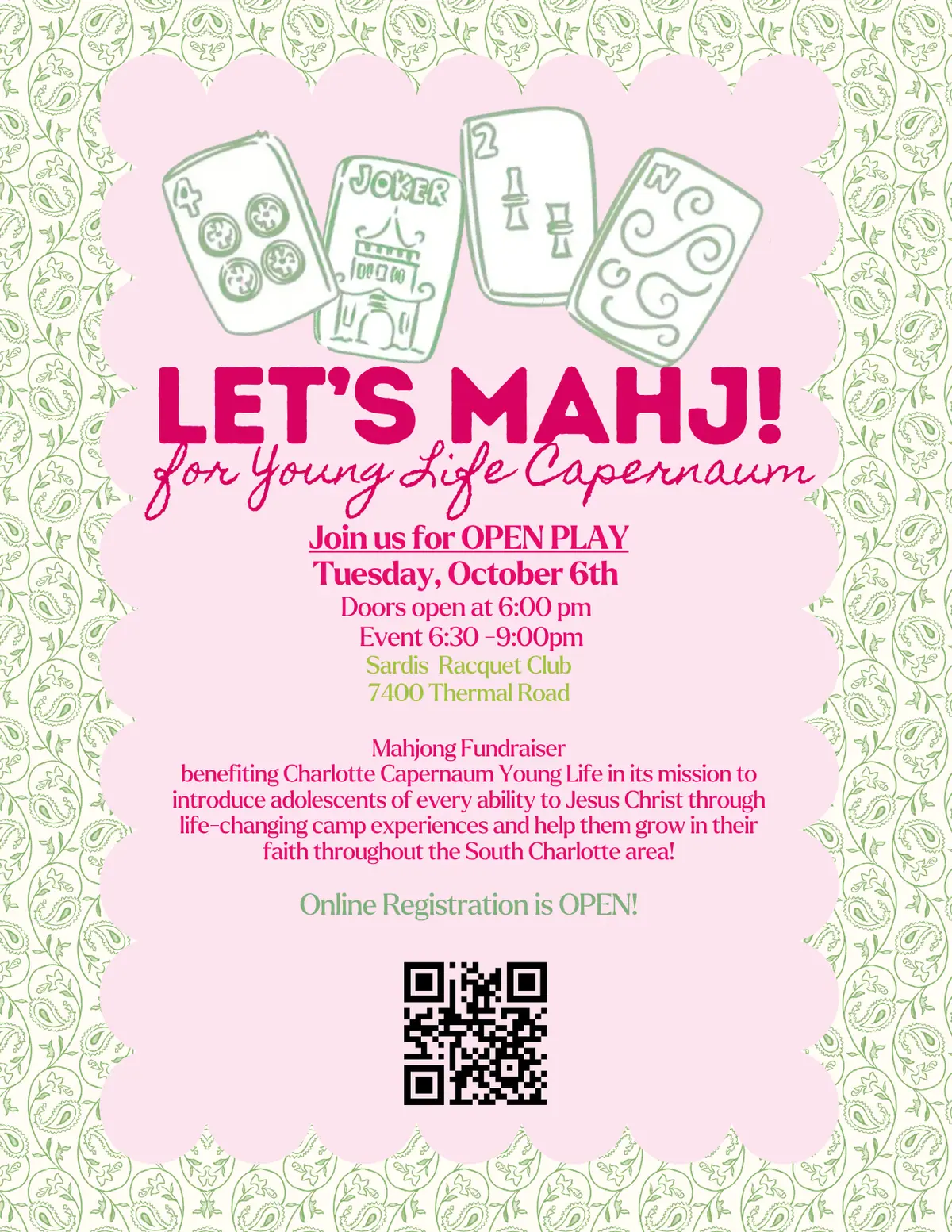 Let’s Mahj for Young Life Capernaum event image from Official gaming event listings.