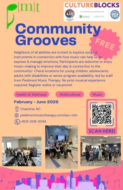 Piedmont Music Therapy: Community Grooves for Adolescents (registration required) event image from Charlotte On The Cheap.
