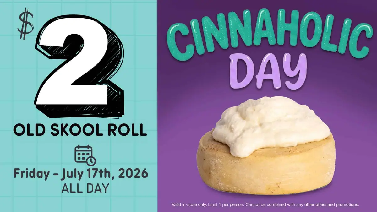 Cinnaholic: $2 Old Skool Rolls event image from Charlotte On The Cheap.