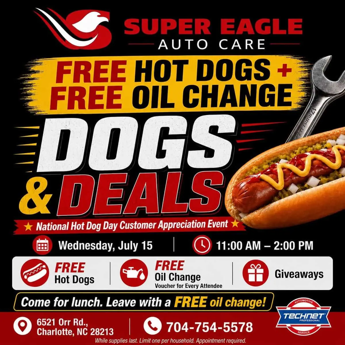 Super Eagle Auto Care giving out free hot dogs and oil changes for National Hot Dog Day event image from Charlotte On The Cheap.