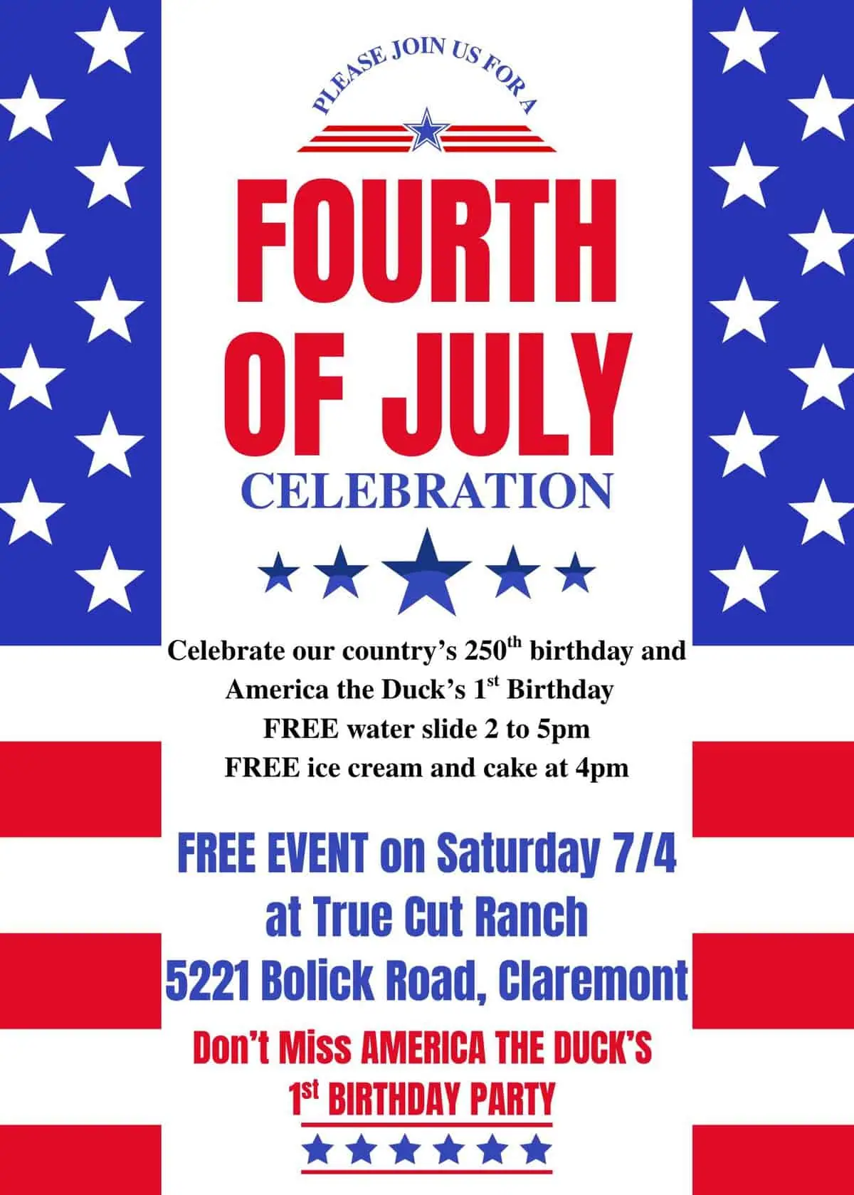 America the Duck's 1st Birthday Party (Free ice cream and water slide) event image from Charlotte On The Cheap.