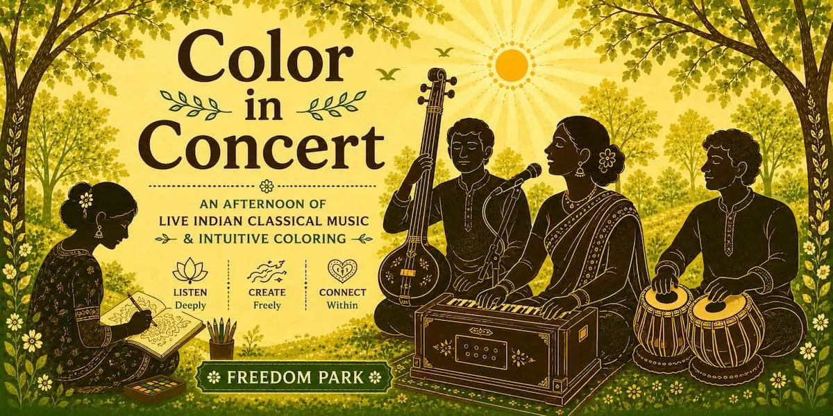 Color in Concert: An afternoon of live Indian classical music and intuitive coloring event image from Charlotte On The Cheap.