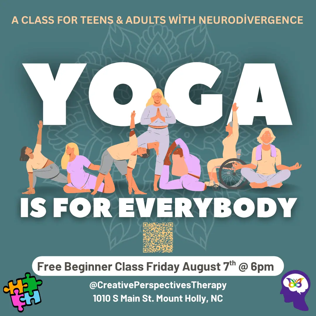 Free intro yoga class for teens & adults with neurodivergence event image from Charlotte On The Cheap.