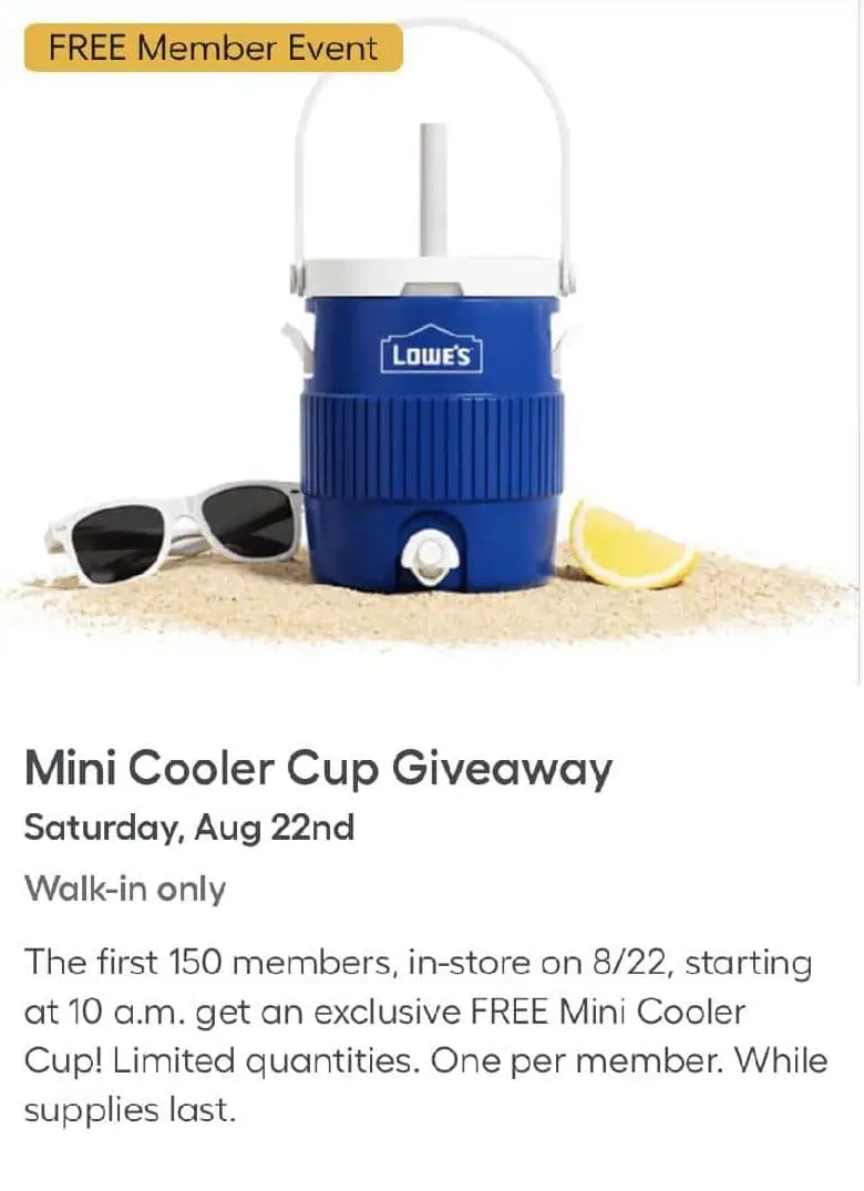 Lowe’s gives away free Mini Cooler Cup event image from Charlotte On The Cheap.