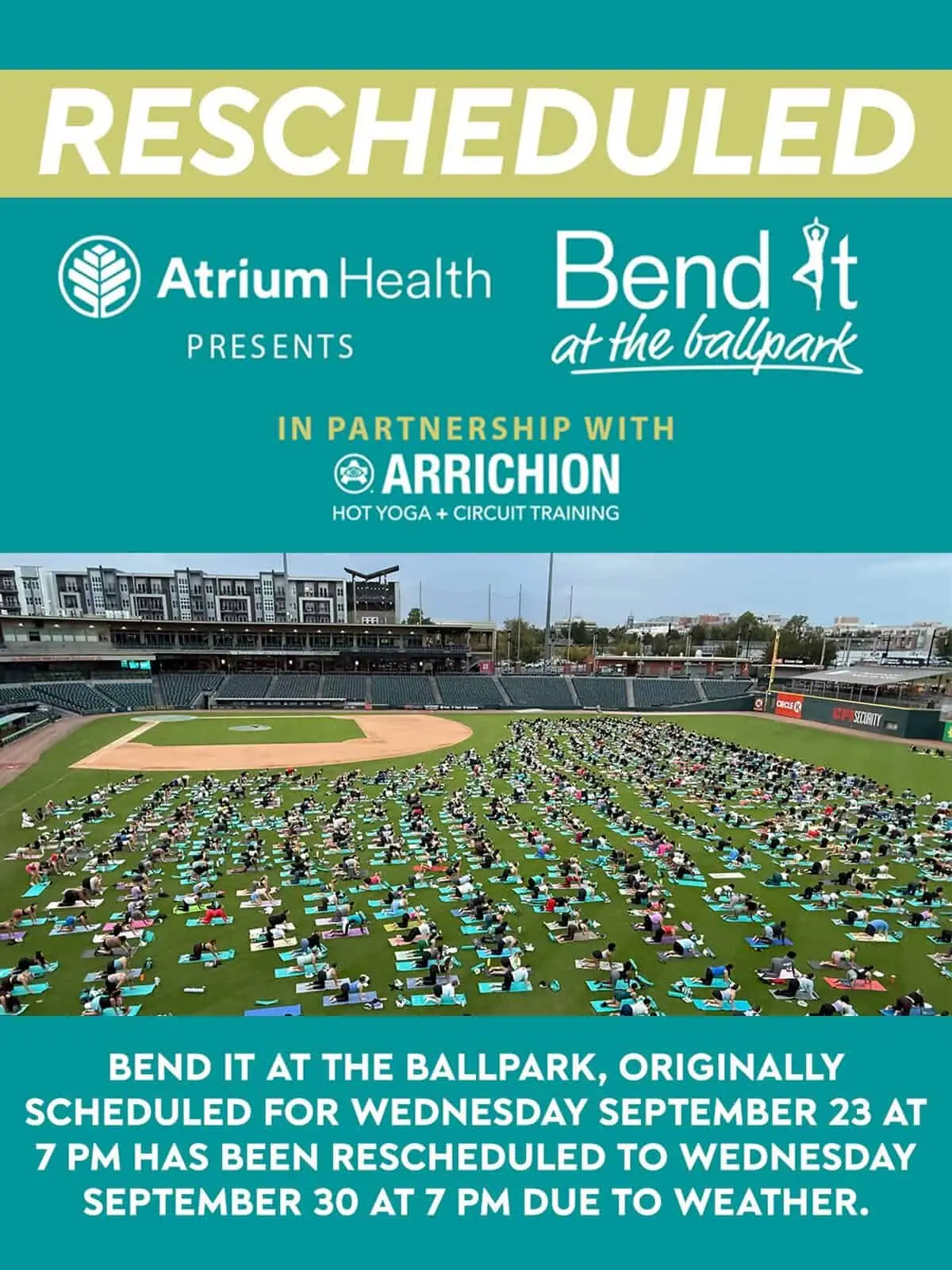 Bend It at the Ballpark -- yoga at Truist Field (first 500 people get a free yoga mat) event image from Charlotte On The Cheap.